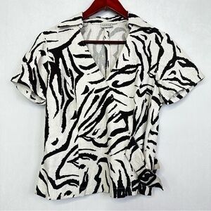 Canda Animal Print Blouse Linen Wrap Short Sleeve Formal Summer Fitted Modern